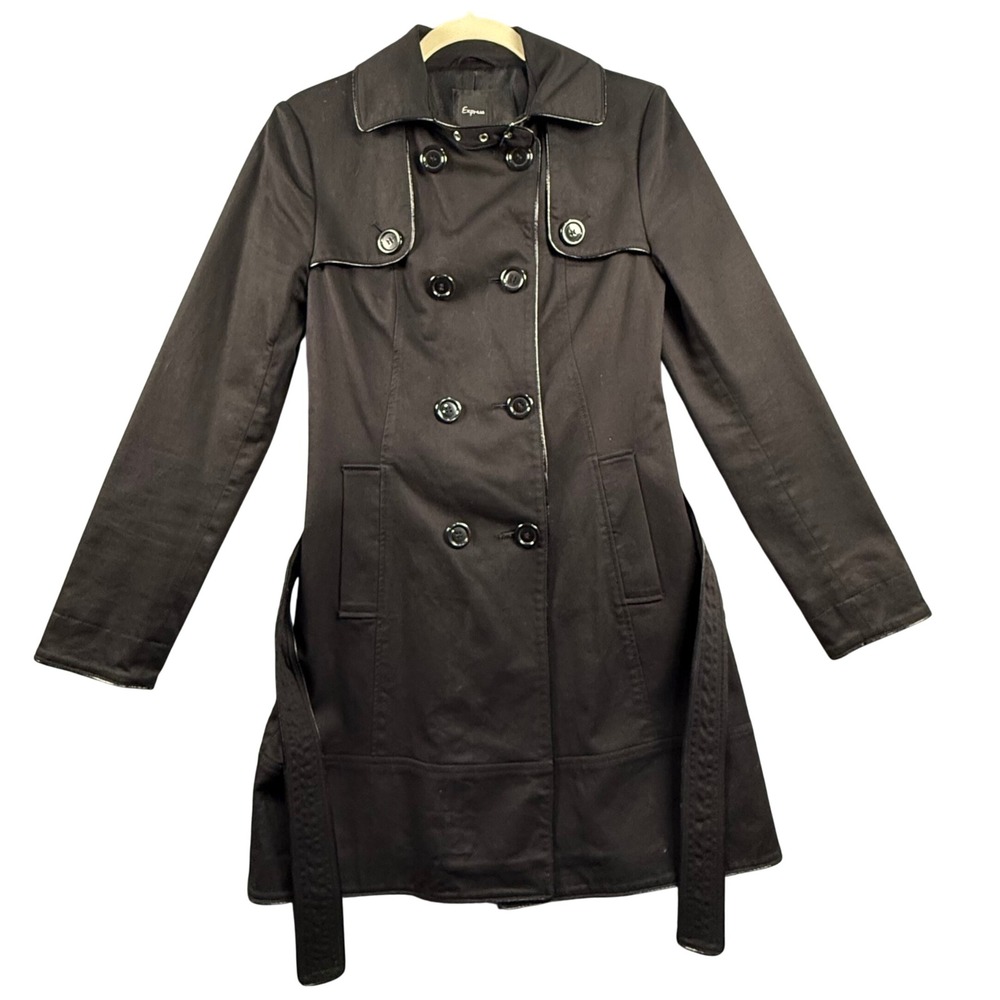 Double‎ Breasted Trench Coat XS Black Belted Piped Trim Cyberpunk 90s Goth Spike